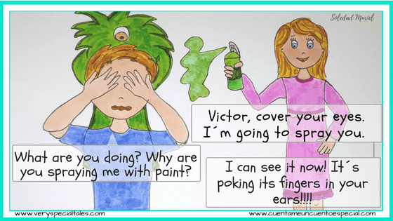 Emma sprays green paint on the monster 