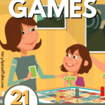 Mother and daughter playing a board game. Title: Anger Games