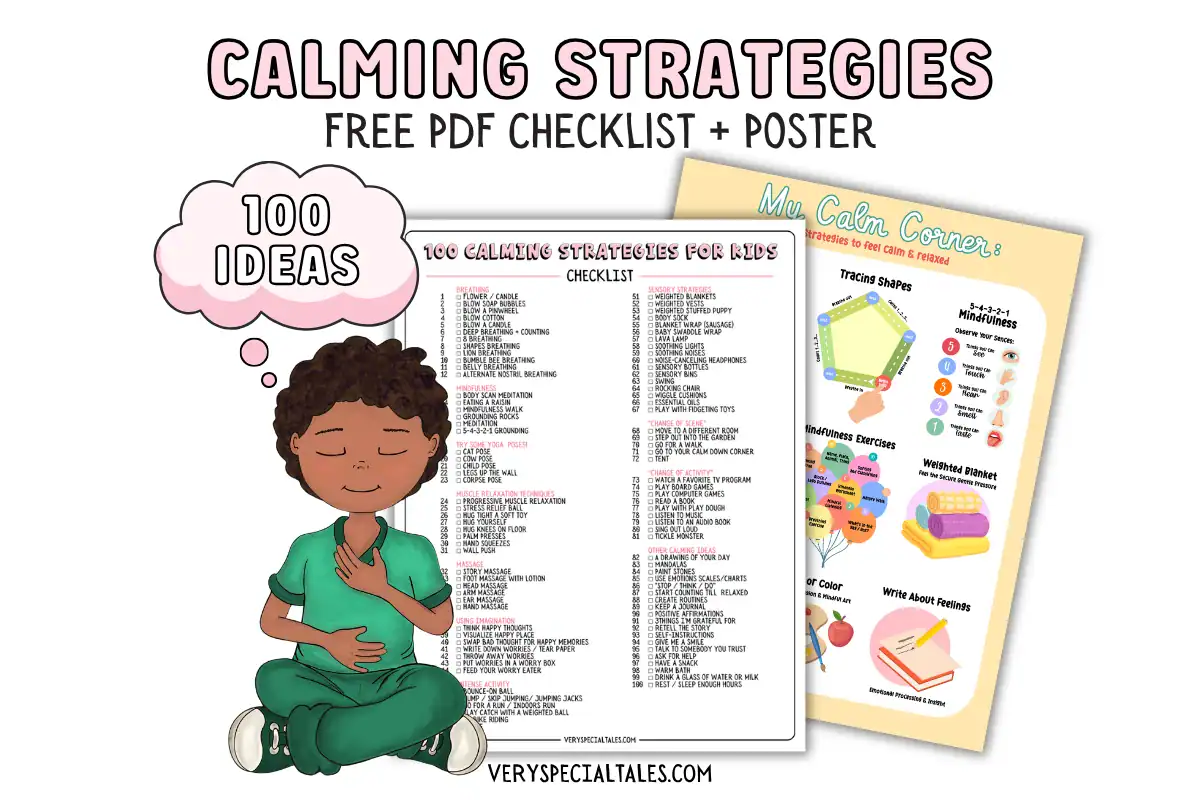 Title: Calming Strategies. Free PDF Checklist + Poster. Image shows the calming strategies checklist and a poster in the background. It also shows a kid practicing deep breathing