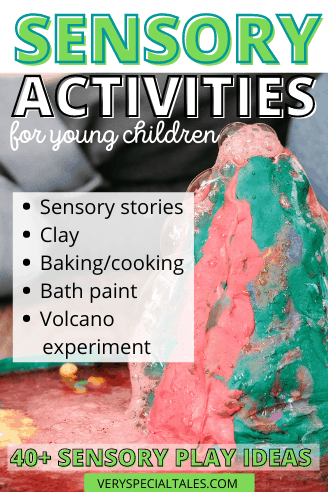 List of Sensory Activities for Young Children with a visual of a volcano experiment