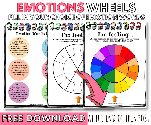 Worksheets. Two blank emotions wheels to fill in and a list of emotions words