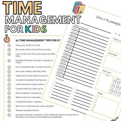 An example of time management tools for kids, time management checklist and an example of a daily planner