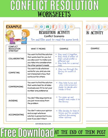 Conflict resolution worksheet for kids and banner indicating free download at the end of the post