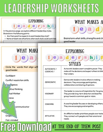 Leadership styles worksheets for kids. Banner indicates free download at the end of the post