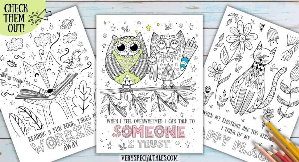 Examples of drawing ideas for anxiety. Three coloring pages with cute animals and calming statements