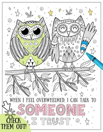 An example of a coloring page with a calm-down statement. This pages shows two cute owls on a branch