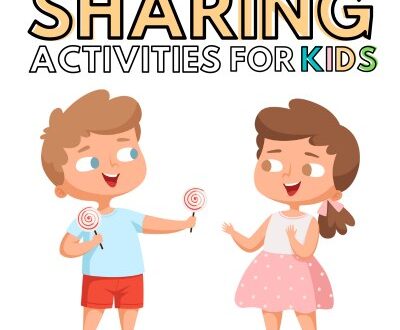 Sharing activities for kids (title) and an illustration of a kids sharing a lollipop