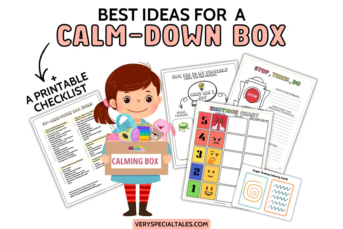 Illustration of a girl holding a calm-down box and examples of some coping skills worksheets in the background