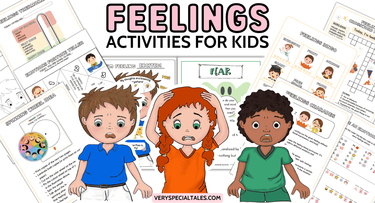 Illustrations of three kids displaying different emotions and examples of Feelings Games Activities and Worksheets in the background
