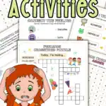 title: emotions activities. Image shows an illustration of a girl showing surprise, and printable feeling worksheets in the background