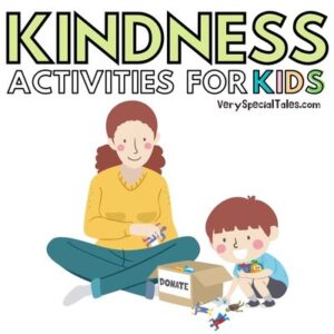Kid choosing toys to donate. Title Kindness activities for kids.