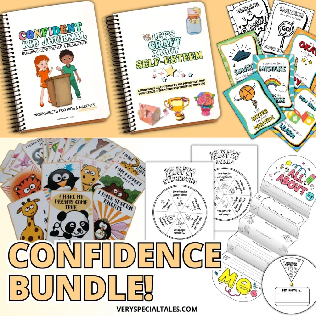Confidence Bundle, a set of printable self esteem resources including worksheets, crafts, affirmation cards and other activities