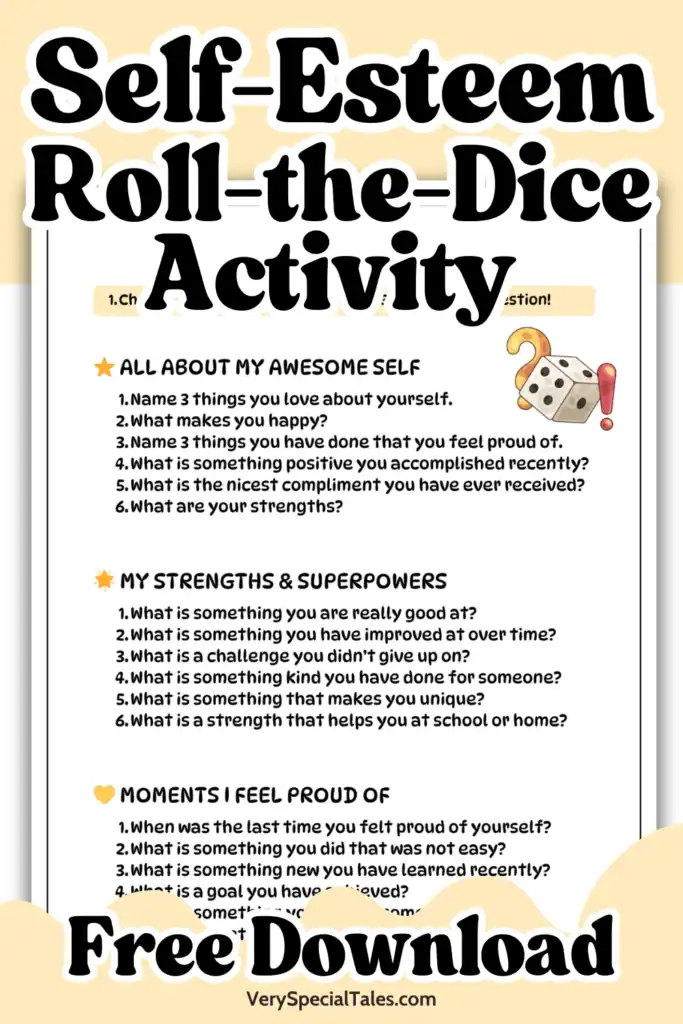 A printable self-esteem roll-the-dice activity for kids
