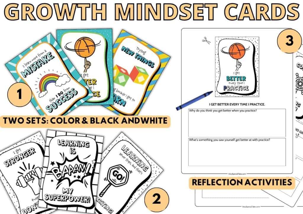 Printable growth mindset cards, which include: colorful cards, a black and white version for coloring, and reflection worksheets for each card