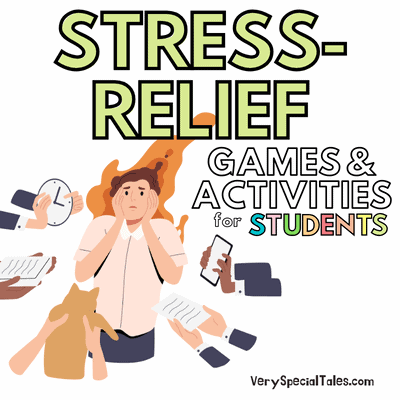 Illustration of a stressed student. Title: Stress-relief games and activities for students