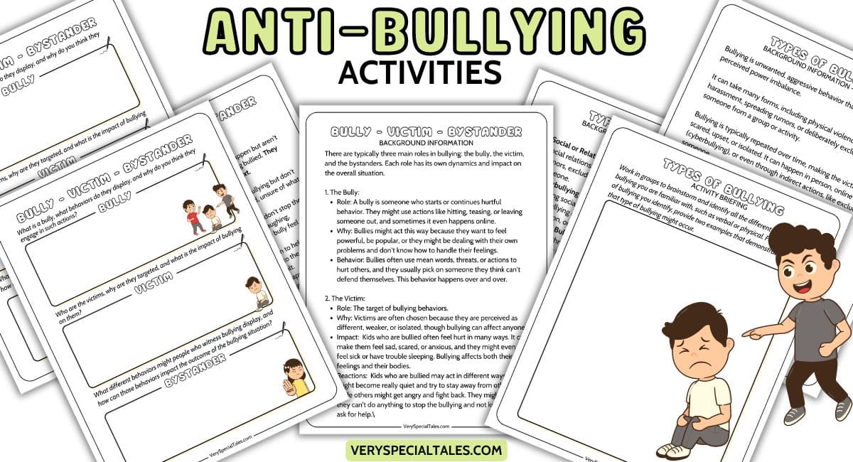 Anti Bullying Activities for Kids, image showing some examples of bullying worksheets