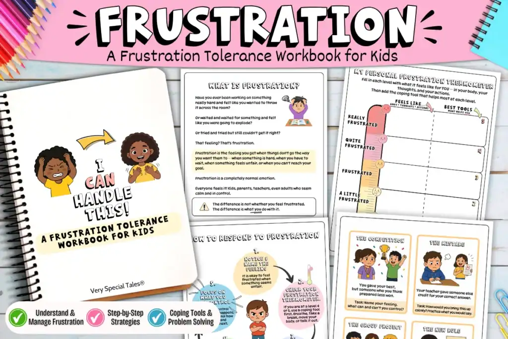 Frustration Tolerance Workbook for Kids with examples of some worksheets and posters available