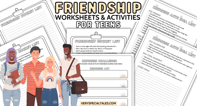 Illustration of teen friends, examples of worksheets for teens in the background and title "Friendship worksheets and activities for teens"