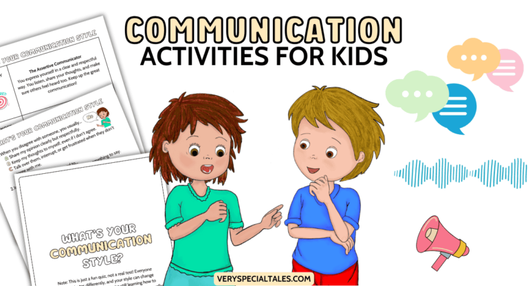 Title: Communication Activities for Kids. Image: Two kids talking. In the background a communication worksheet about communication styles