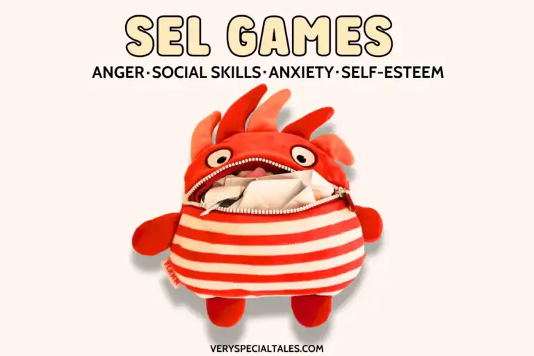 Worry Eater plush toy with a zipper mouth where children can place written worries, shown in a post about SEL games.