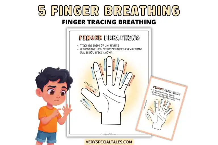 Title: 5 Finger Breathing. The image shows a finger breathing worksheet, a breathing card and the illustration of a kid tracing this fingers to do this breathing technique