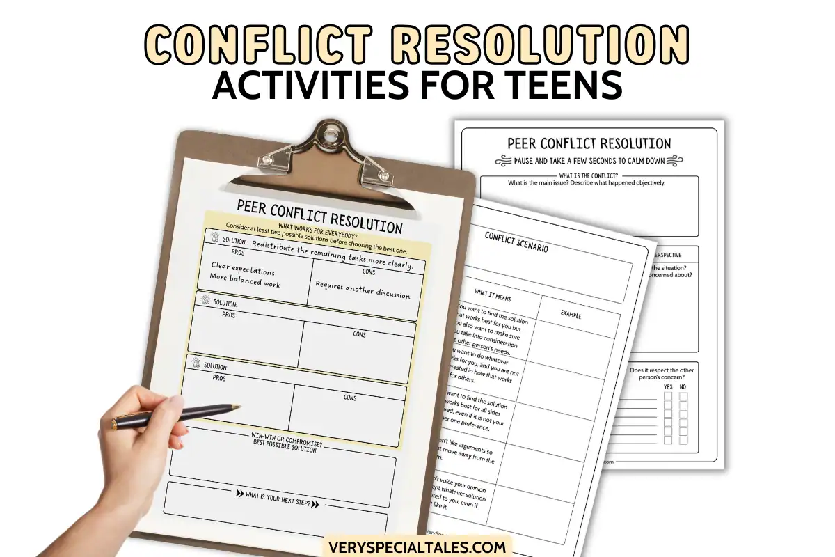 Title: Conflict Resolution Activities for Teens. Image shows conflict resolution worksheets