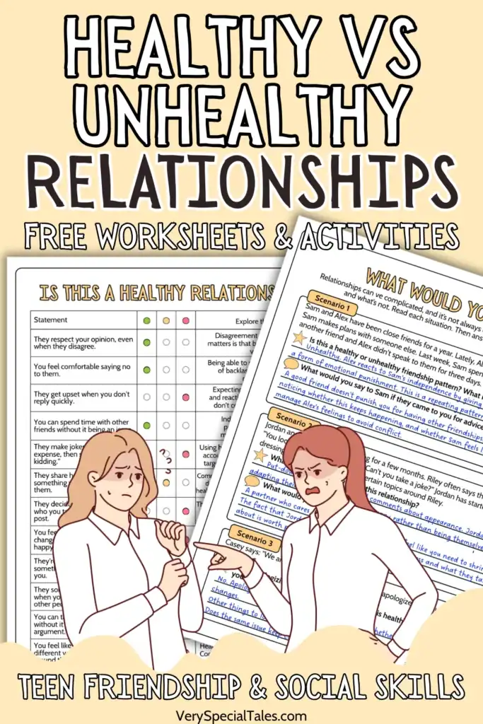 Healthy vs. unhealthy relationships worksheets and activities for teens. Illustration of two teens talking.