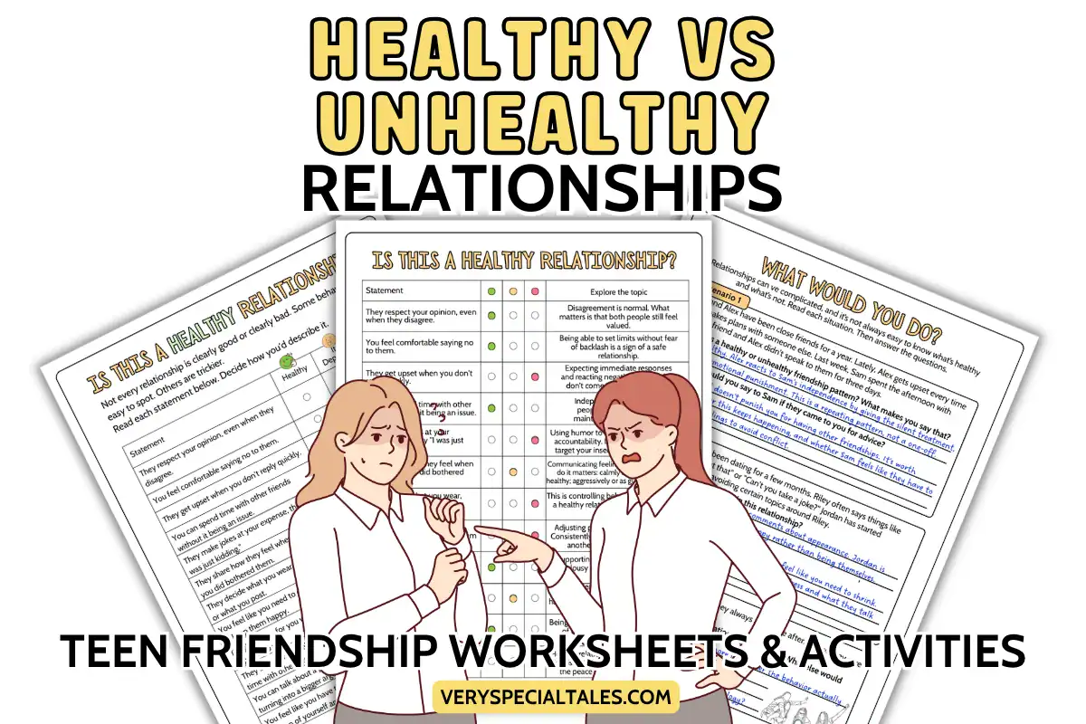 Healthy vs. unhealthy relationships worksheet for teens. Illustration of two teens arguing.