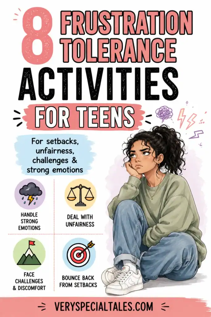 8 frustration tolerance activities for teens to help them handle strong emotions, unfairness, challenges, discomfort, and setbacks.