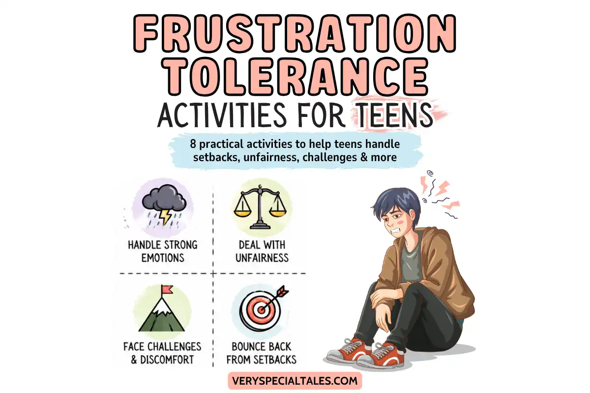 Frustration tolerance activities for teens focused on handling strong emotions, unfairness, challenges and discomfort, and setbacks.