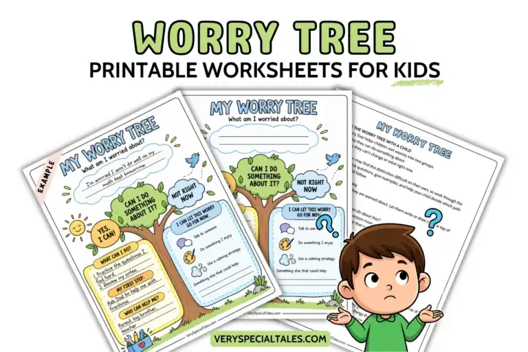 Worry Tree printable worksheets for kids, including a blank worksheet, completed example, and guide for parents and educators.