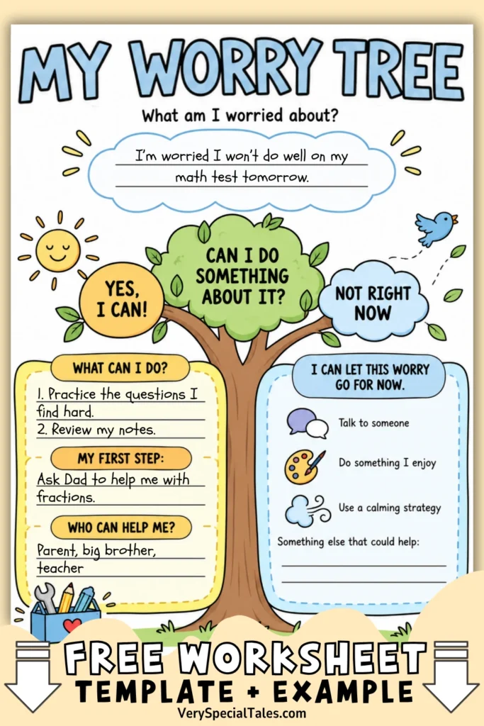 Example of a Worry Tree Worksheet for Kids, available for download at the end of the post.