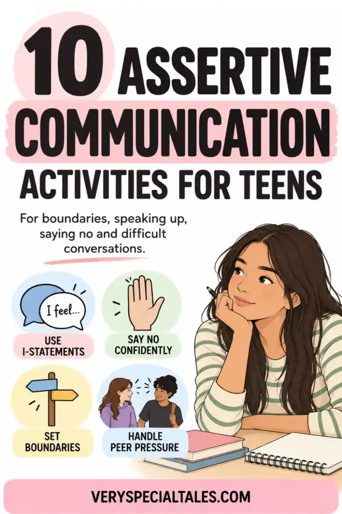 10 assertive communication activities for teens, featuring a teen girl and ideas for practicing I-statements, setting boundaries, saying no, and handling peer pressure.