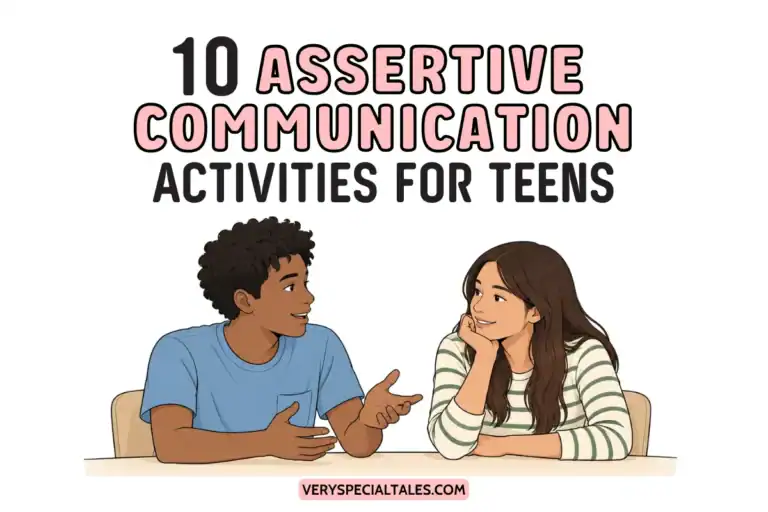 Title: Assertive Communication Activities for Teens. Illustration shows two teens having a conversation.
