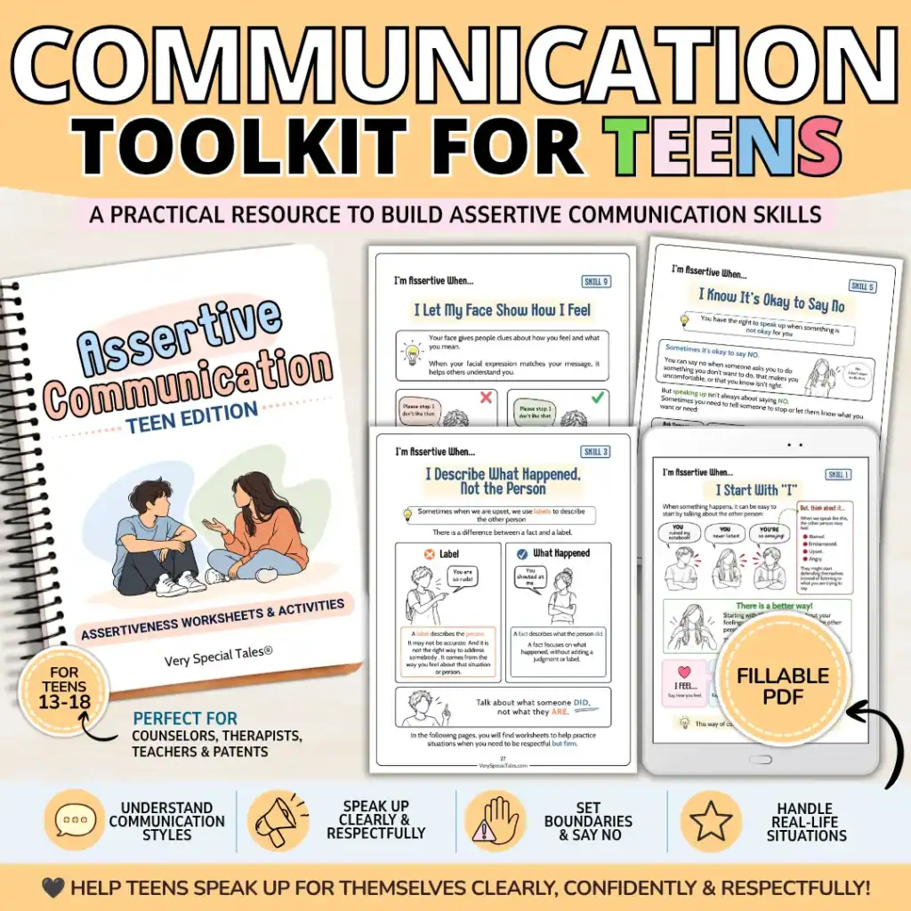 Communication Toolkit for Teens featuring assertive communication worksheets and activities for ages 13–18.