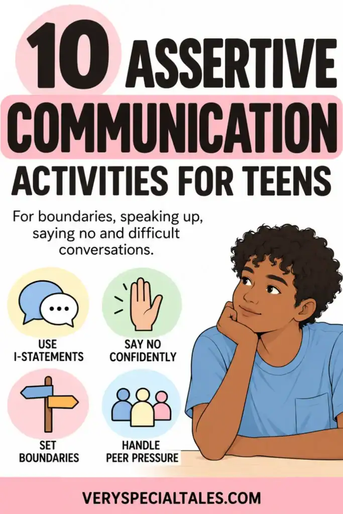 10 assertive communication activities for teens, featuring a Black teen boy and ideas for practicing I-statements, setting boundaries, saying no, and handling peer pressure.