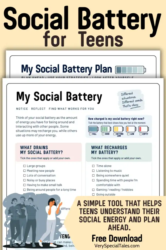Title: Social Battery for Teens, showing the two-page Social Battery Worksheet and Plan, with prompts to explore what drains and recharges social energy and plan ahead.