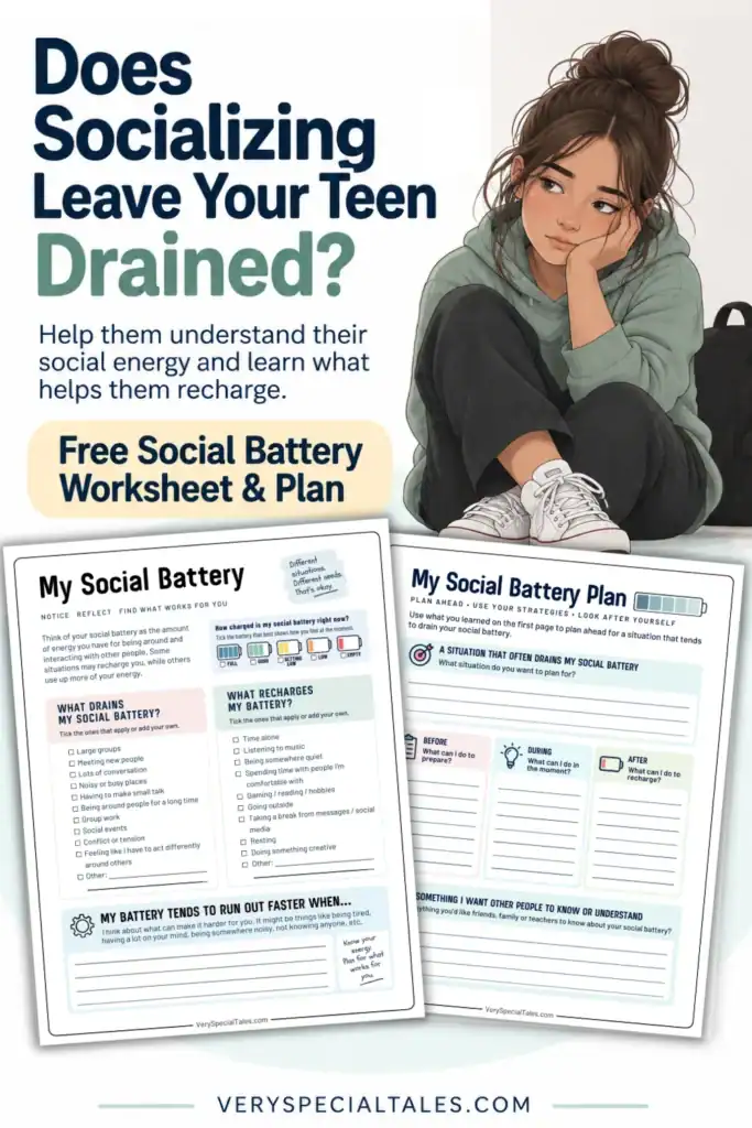 Does Socializing Leave Your Teen Drained? A tired teen alongside the free Social Battery Worksheet and Plan for understanding social energy and finding ways to recharge.