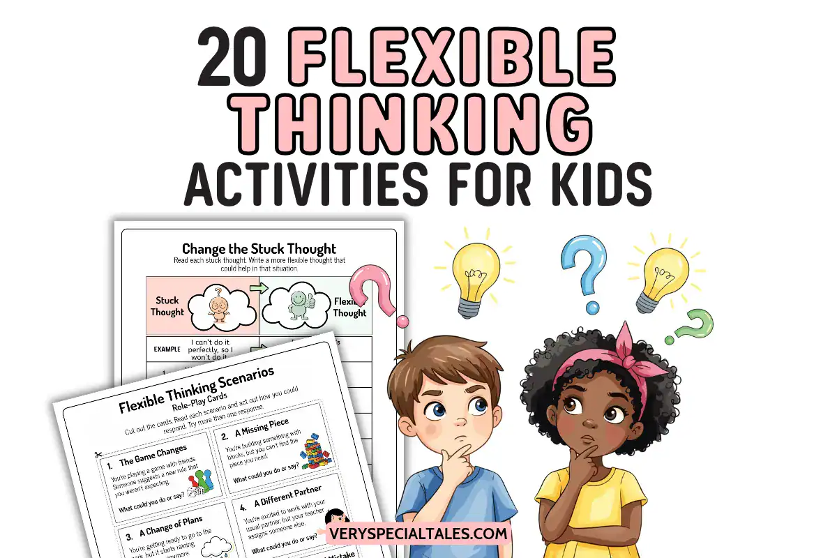 20 Flexible Thinking Activities for Kids, featuring printable worksheets and illustrations of two children thinking, with question marks and lightbulbs.